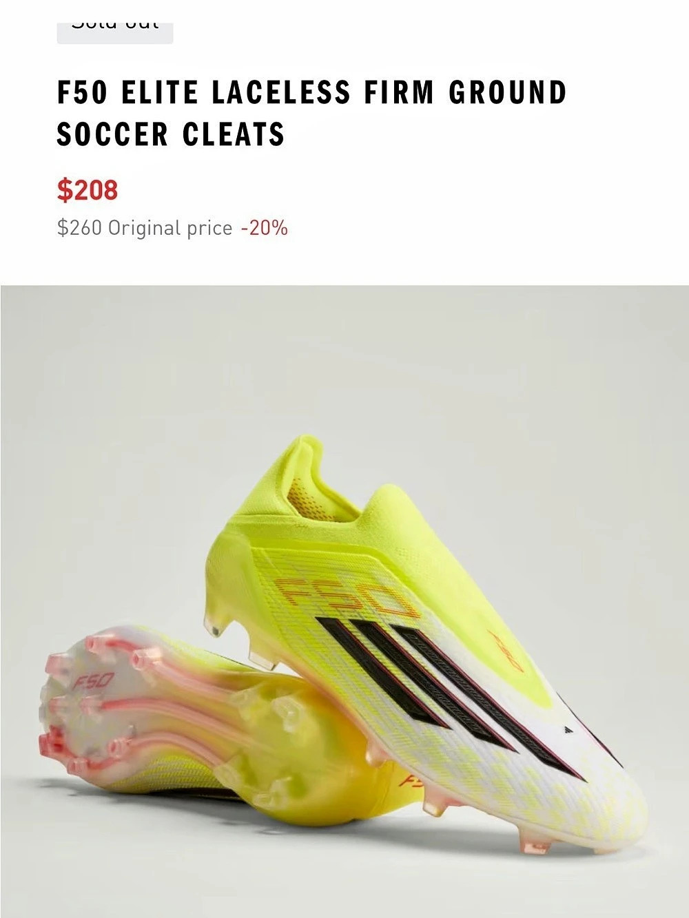 Adidas F50 Elite Laceless Firm Ground Soccer Cleats Yellow/White Mens 9/Womens10